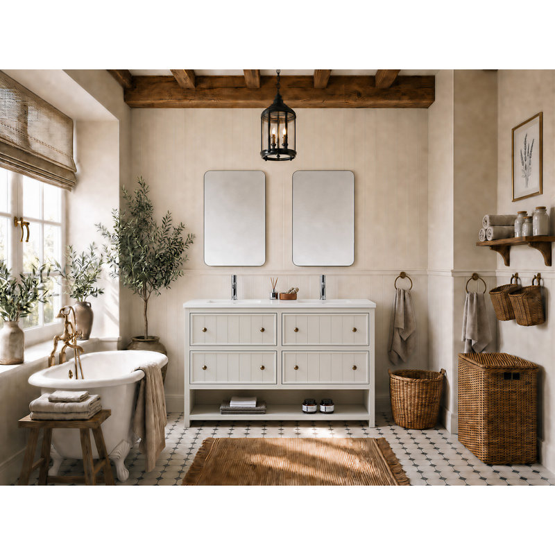 Meuble-lavabo 60 po Rennes avec plateau en quartz, White
