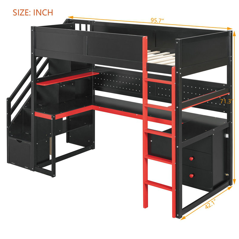 Lit mezzanine simple en bois avec escalier de rangement, bureau, tablettes et panneau perforé, Simple, Noir / Rouge