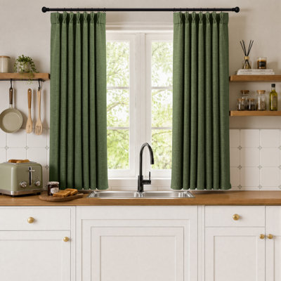 Pinch Pleated Short Kitchen Windows Curtains 63 Inch Length 2 Panels Set, Memory Trained Flax Linen Semi Sheer Natural Boho Drapes Light Filtering Privacy Curtain 40"W x 63"L
