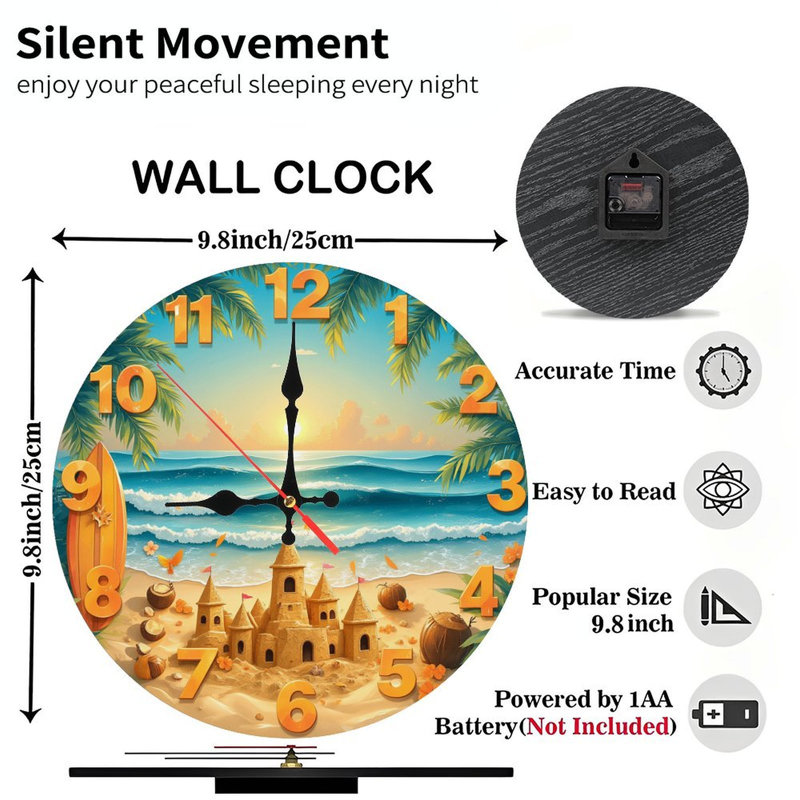 Horloge murale plage avec coucher de soleil et château de sable