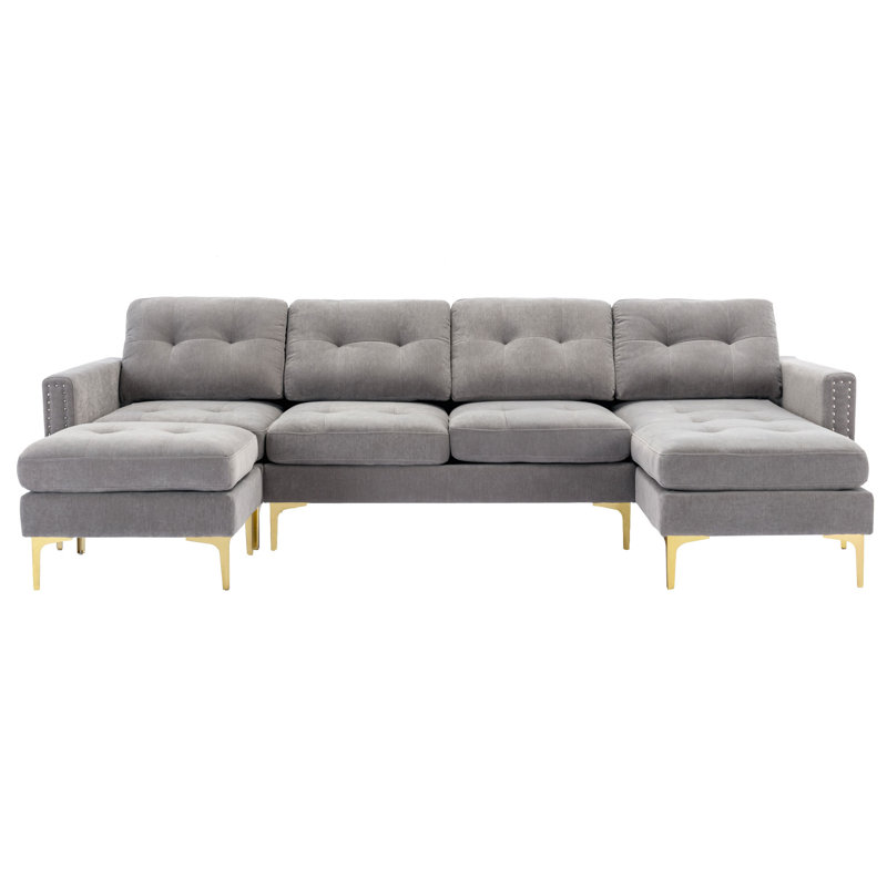 110.6" L-Shape Convertible Sectional Sofa Couch With Movable Ottoman For Living Room, Light Gray Velvet