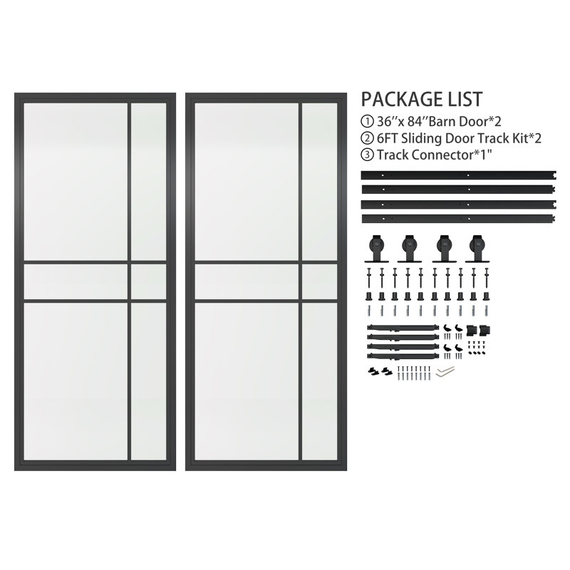 Glass and Metal Barn Door with Installation Hardware Kit and Handle