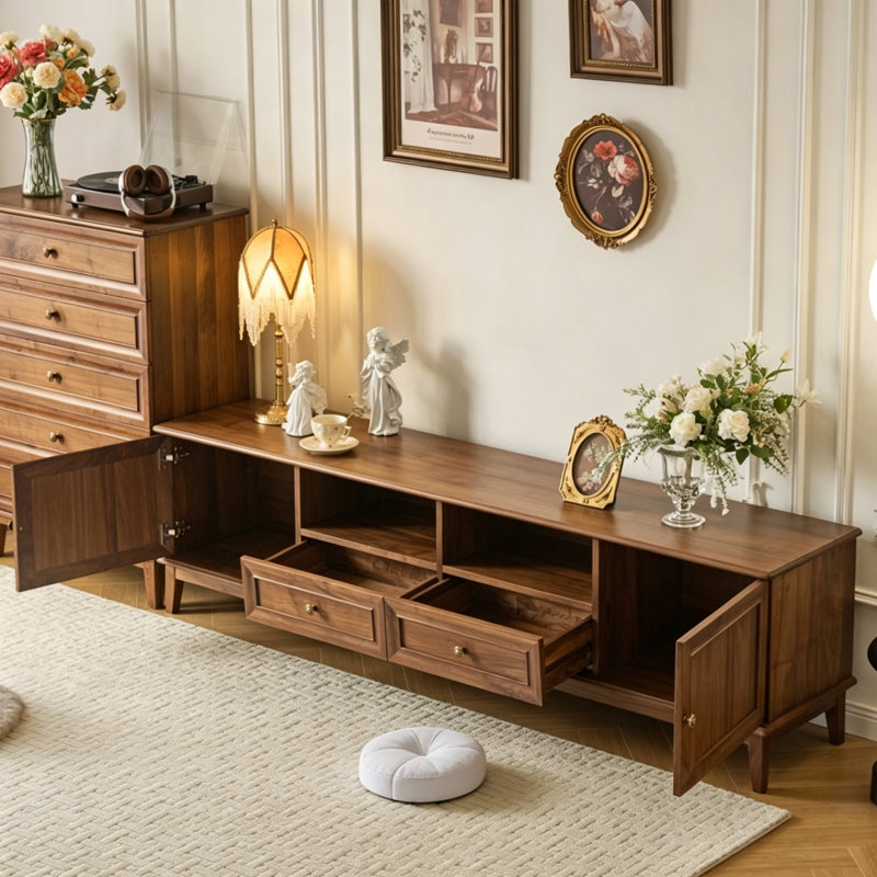 Meuble télé de style américain avec rangement rétro, H 21,65 po x L 86,61 po x l 16,54 po