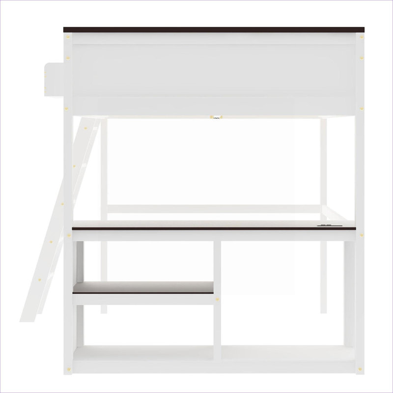 Space-Saving Queen Size Loft Bed Frame with Integrated Desk, Open Shelving and USB Charging, Clean White Solid Wood Construction