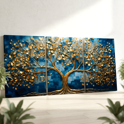 Art mural grand arbre doré 3 pièces sur fond bleu abstrait, art mural trois pièces pour le salon, la chambre à coucher, le bureau et la maison