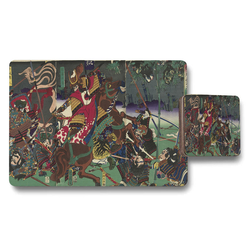 Traditional Japanese War Scene Placemats And Coaster Set