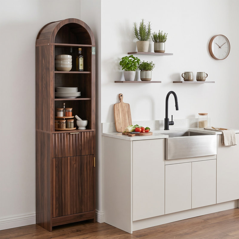 Armoire de salle de bain arquée 66,9 po de hauteur avec bibliothèque 1 tiroir 1 tiroir et 4 tablettes