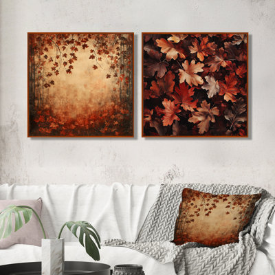 «Red Falling Oak Leaves I» - art mural feuilles - ensemble d'art mural traditionnel 2 pièces