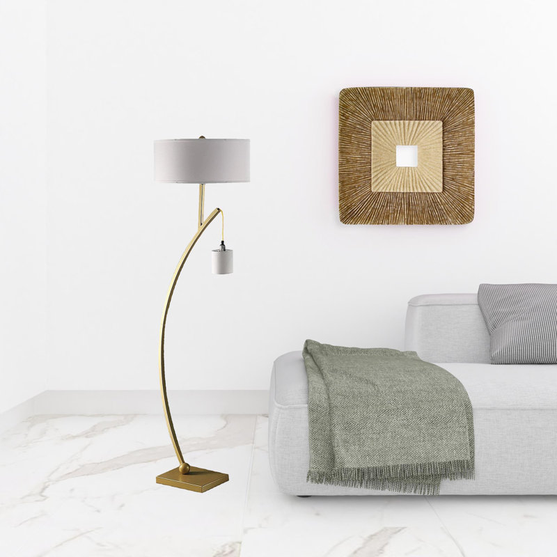 59" Gold Dual Arc Floor Lamp With White Drum Shade, Gold