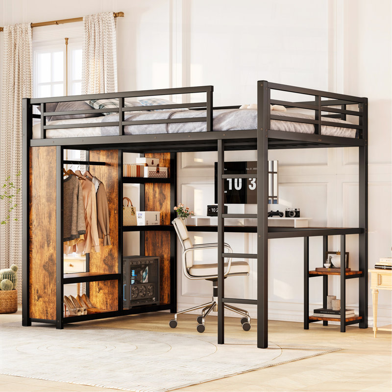 Queen Size Loft Bed Frame With Built-In Wardrobe, Metal Loft Bed With Desk And Storage Shelves, Woodgrain, Black