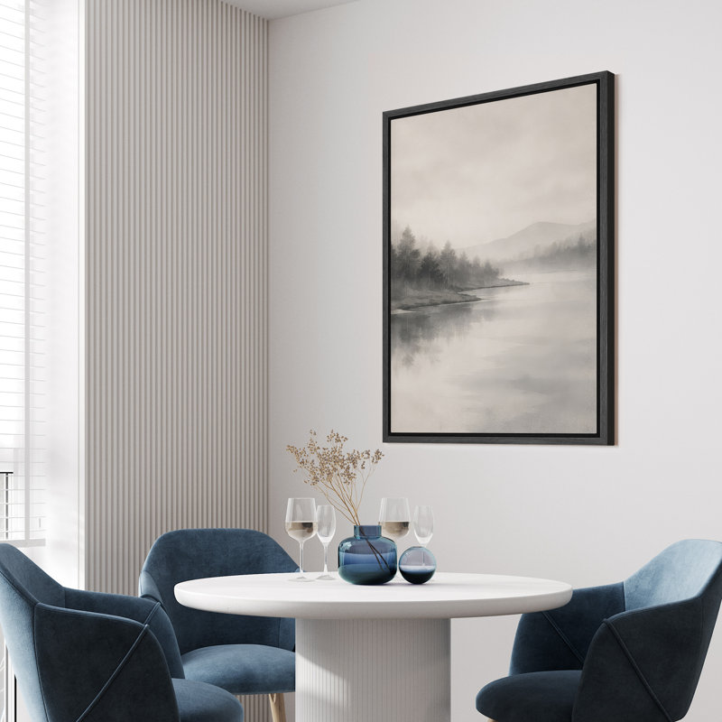 «Minimalist Foggy Lake Landscape with Trees», art mural encadré sur toile, H 36 po x l 24 po, Noir