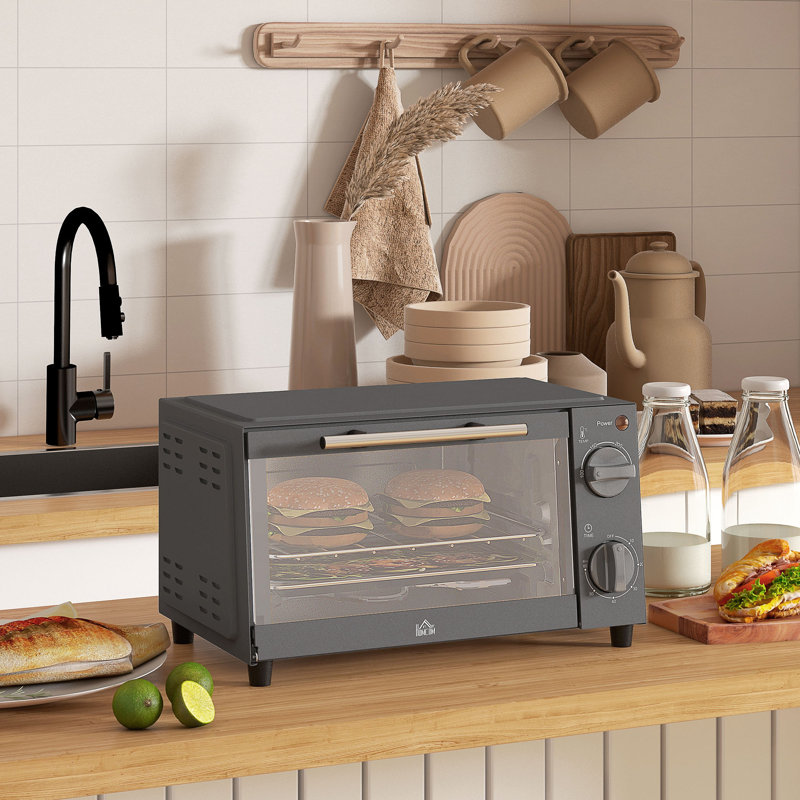 HOMCOM Mini Oven, 9L Countertop Electric Grill, Toaster Oven with Adjustable Temperature, Timer, Baking Tray and Wire Rack, 750W