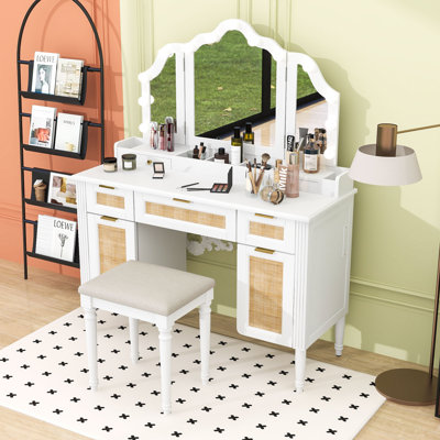 Makeup Vanity Table with Tri-Fold Mirror and LED Lights, Drawers and Charging Station