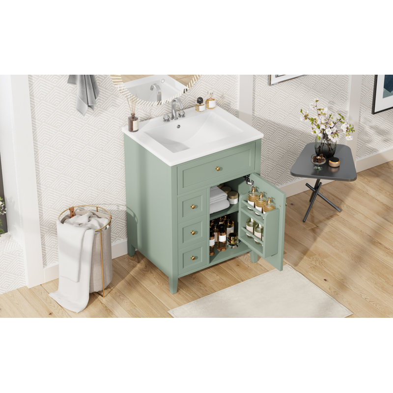 Meuble-lavabo simple 24 po avec lavabo en céramique, 4 tiroirs et armoire avec tablettes réglables, style moderne