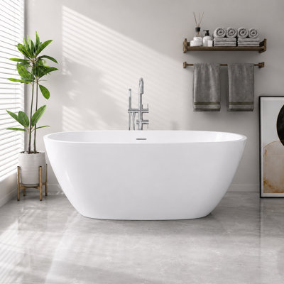 Baignoire autoportante ovale en acrylique de 55 po, baignoire de trempage à fond plat minimaliste avec trop-plein rainuré et bonde centrale, plusieurs couleurs disponibles