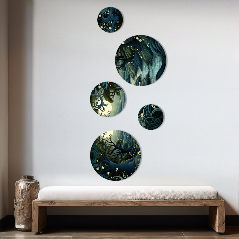 «Jungle River Collage At Night 2», ensemble d'art mural rond 5 pièces Jungle