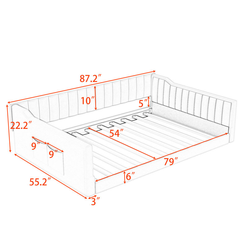 Upholstered Daybed with Slats and Side Storage Pocket, Full XL, Beige