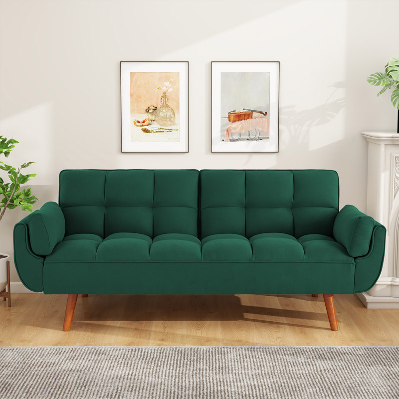 75.39 IN. Futon Sofa Bed, Convertible Upholstered Couch Sleeper With Reclining Sleeper Split Tufted Back, Green