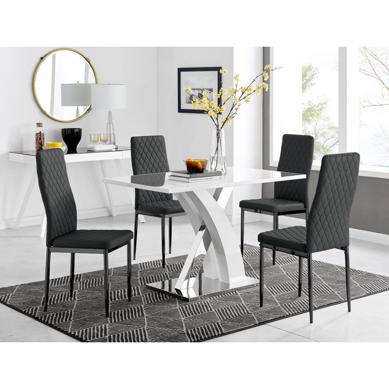 Edzard Chrome & White High Gloss Dining Table Set with 4 Luxury Faux Leather Dining Chairs, Black