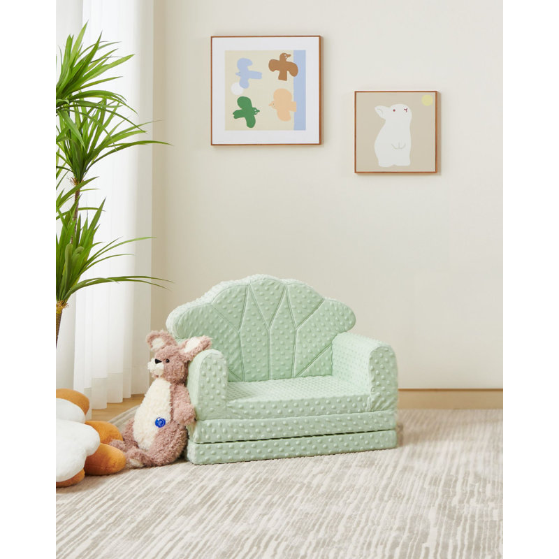2-in-1 Soft Bubble Dot Minky Fold-Out Couch, Convertible Toddler Sofa, Kid Furniture for Playroom, Green, Green