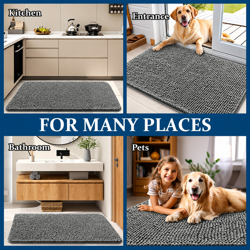 Luxury 100% Microfiber Chenille Door Mat - Soft, Absorbent And Non-Slip Floor Mat, Grey, 40 cm x 60 cm