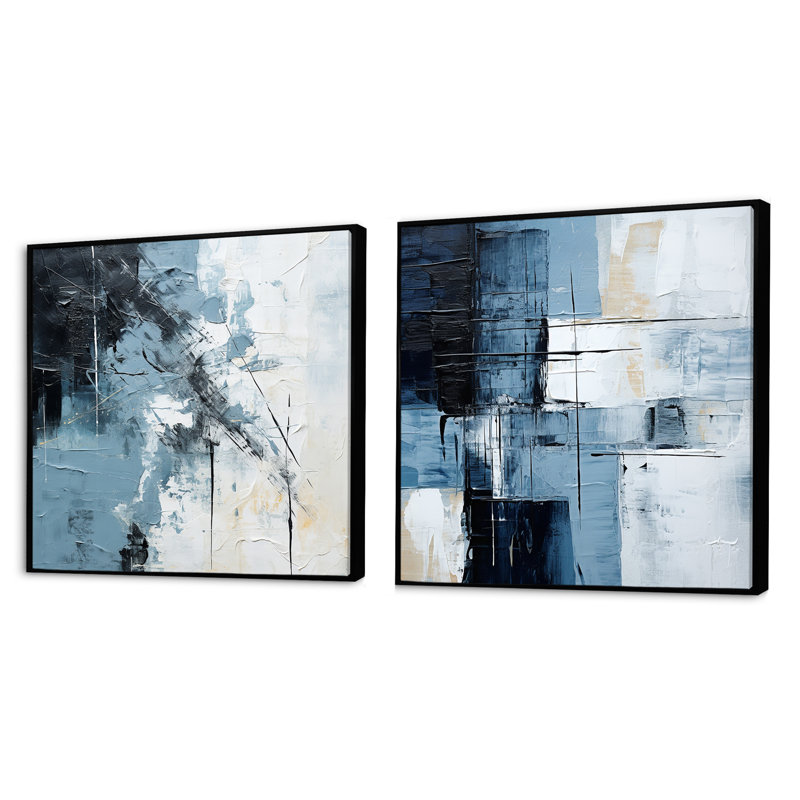 "Art moderne scandinave bleu et beige", 2 pièces, Cadre flottant noir, H 16 po x l 33 po