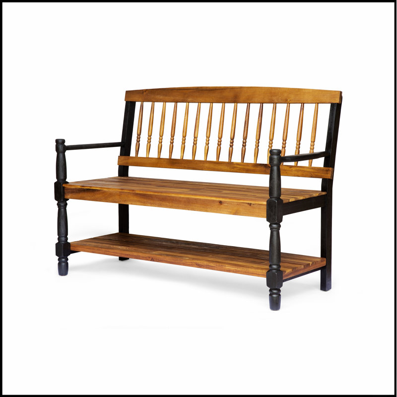Banc Timeless Farmhouse avec tablette intégrée pour le rangement et finition élégante en teck, parfait pour les entrées et les salles à manger