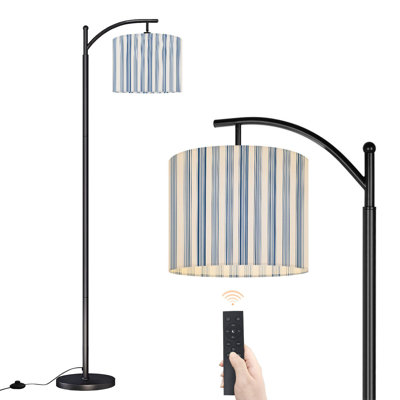 Arc Floor Lamp with Adjustable Lampshade Blue White Vertical Striped Minimalist Classic Standing Lamp 3 Color Temperatures Dimmable Tall Pole Lamp with Foot Switch for Bedroom