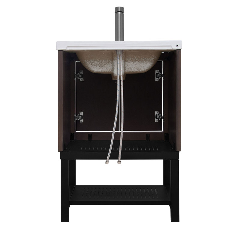 Meuble-lavabo 24 po avec lavabo en céramique blanc et robinet d'eau chaude et froide, armoire de salle de bain autoportante avec 2 portes de rangement et tablette ouverte en fer pour la salle de bain