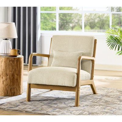Chaise longue à structure en bois massif avec revêtement en velours côtelé et coussin lombaire assorti, beige, idéale pour les intérieurs minimalistes modernes, avec une profondeur de 31,8 po, une largeur de 26,26 po, une hauteur de 31,17 po et un poids de 32,97 lb.