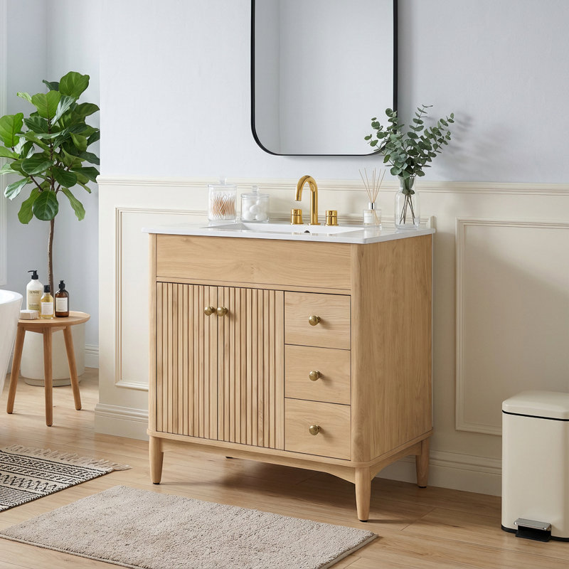 Meuble-lavabo autoportant cannelé traditionnel de 30 po avec pieds en bois d'hévéa, couleur bois naturel