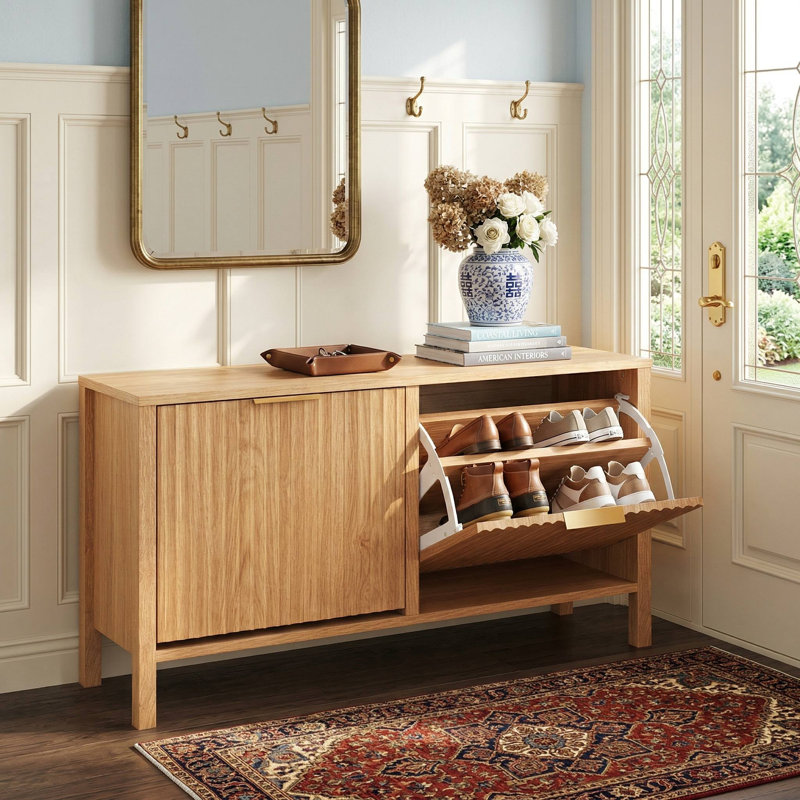 Banc de rangement pour chaussures robuste en bois avec 2 tiroirs rabattables pour un vestibule, Brun