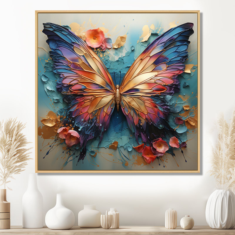 Orange et bleu, papillon métallique - art mural papillon, H 36 po x l 36 po, Reproduction avec cadre flottant, Érable