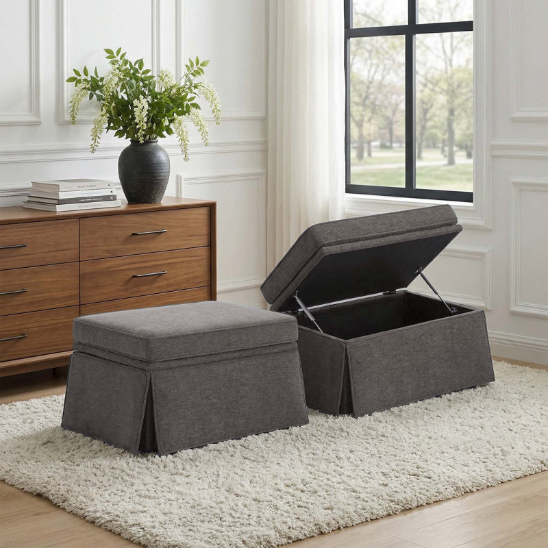 Upholstered Tan Skirted Rectangular Storage Ottoman with Lift-Top (Set of 2), Tan Chenille