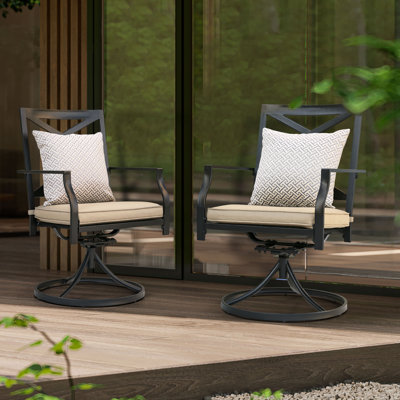 Alainah Outdoor Swivel Chair of 2 Iron Dining Rocker Chairs with Padded Cushions for Patio, Black and Beige Colour