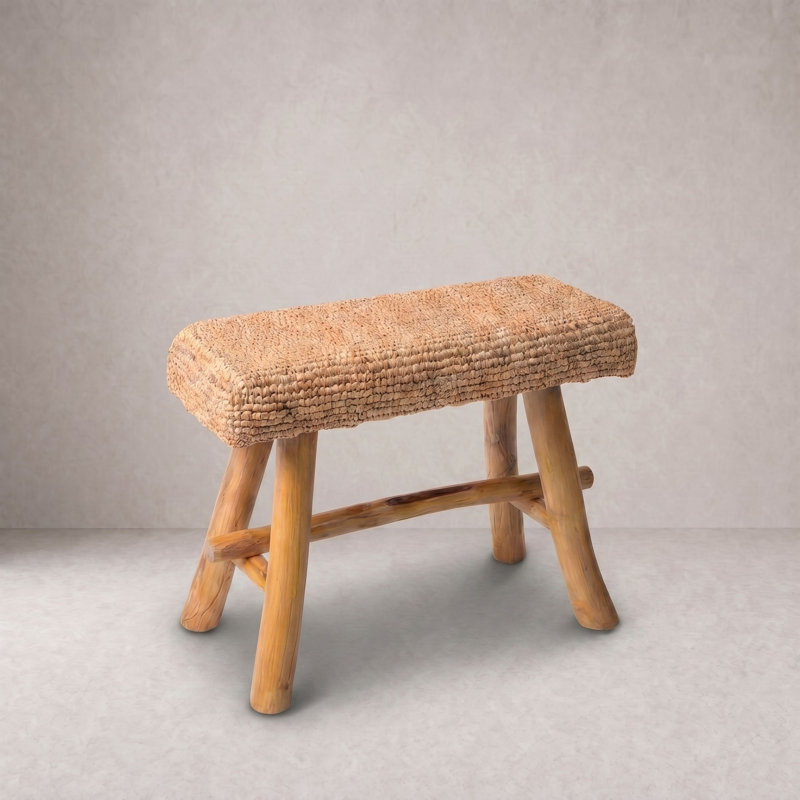 Sophie Woven Mendong and Teakwood Stool, Natural, Natural
