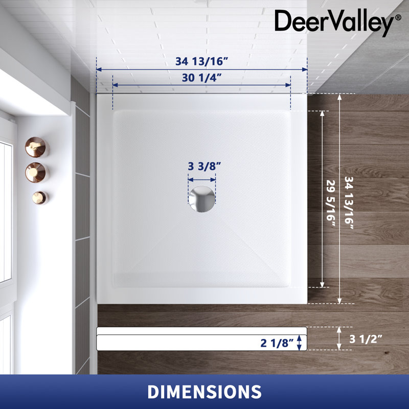 DeerValley 35" L x 35" W Square Shower Base Pan Single Threshold White Acrylic Center Drain, Non-slip Design