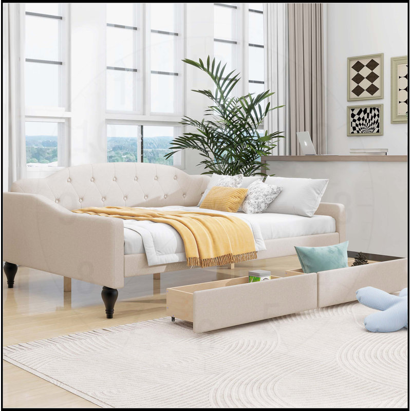 Lit de jour double capitonné capitonné avec deux tiroirs, beige, durable et élégant pour les espaces de vie modernes