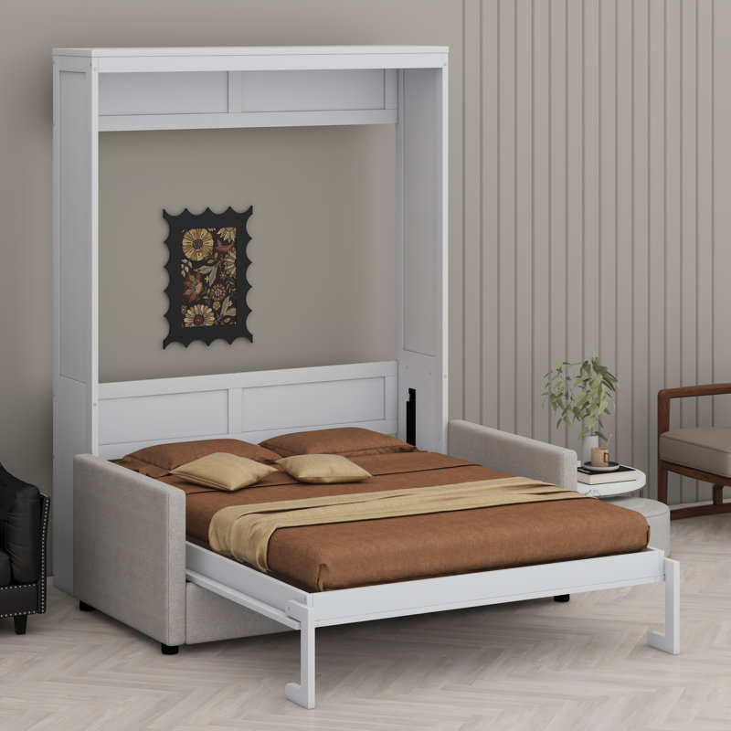 Lit escamotable mural Murphy avec coussin, Lit double, Blanc