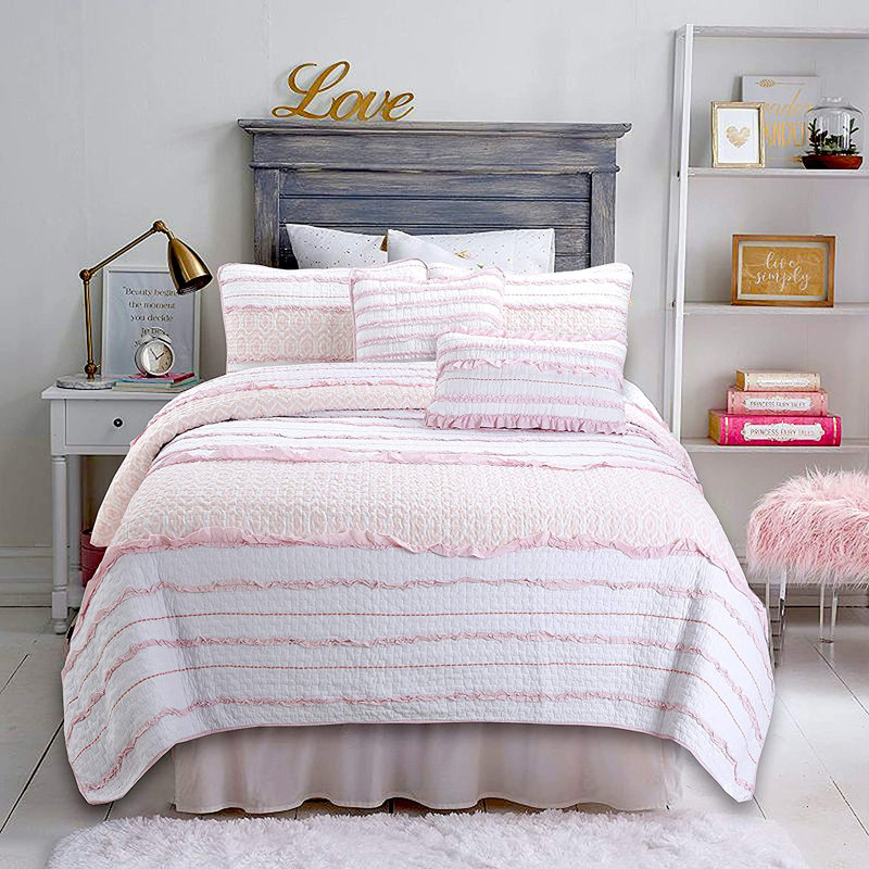 Ensemble de courtepointe réversible en coton rose / blanc Pretty, Courtepointe grand, 2 taies décoratives et 2 cous