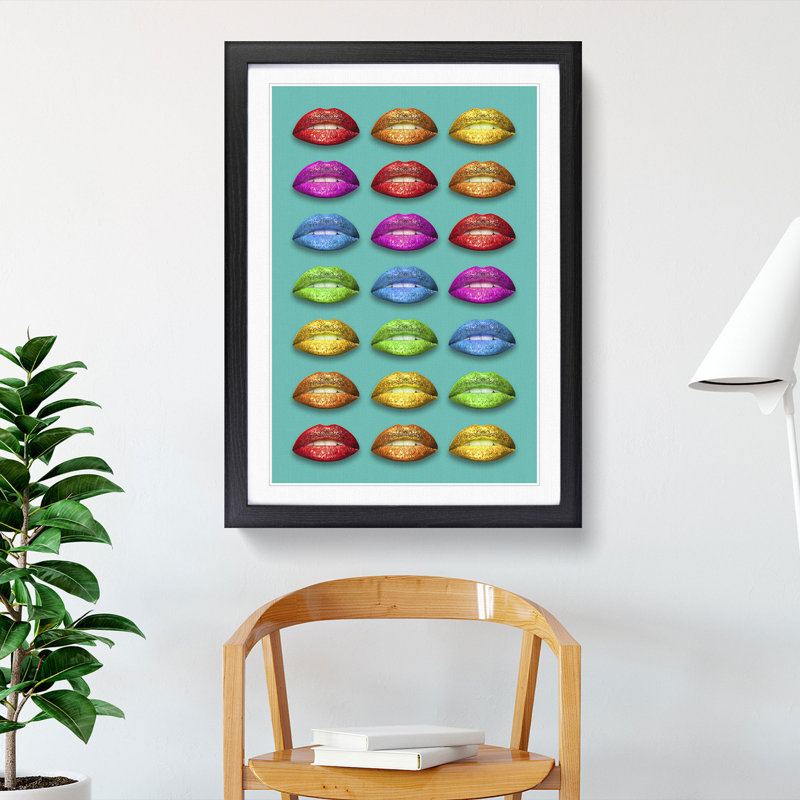 Rainbow Lips Teal - Single Picture Frame Print on Wood, 36cm H x 27cm W x 2cm D, Black Framed