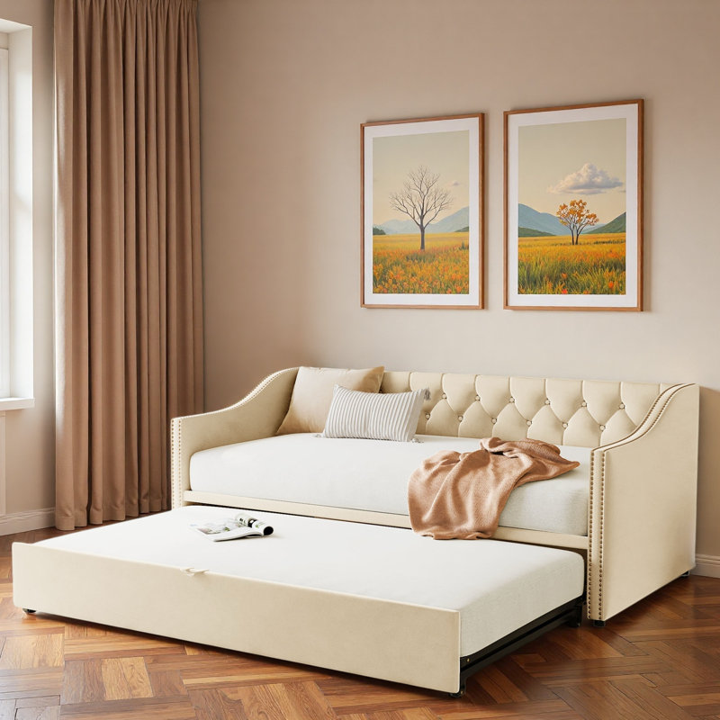 Lit de jour rembourré avec lit gigogne, Beige