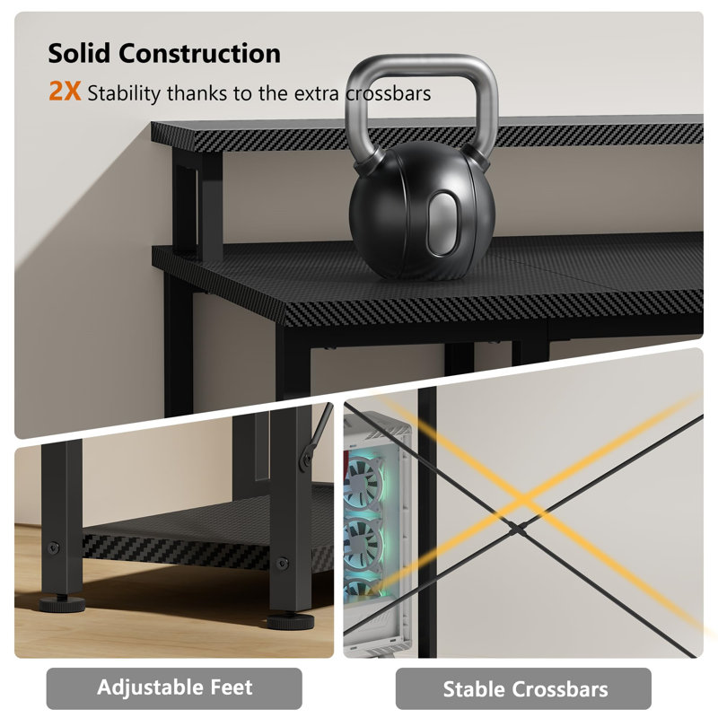 140 X 50 Cm Gaming Table With Dual Monitor Stand, Storage Shelves And Power Sockets, Black (Carbon Fiber)