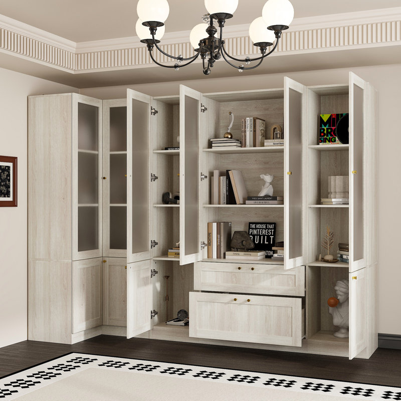 71'' H X 94.4'' W 4-Drawer Modular Bookcase With Frosted Glass Doors