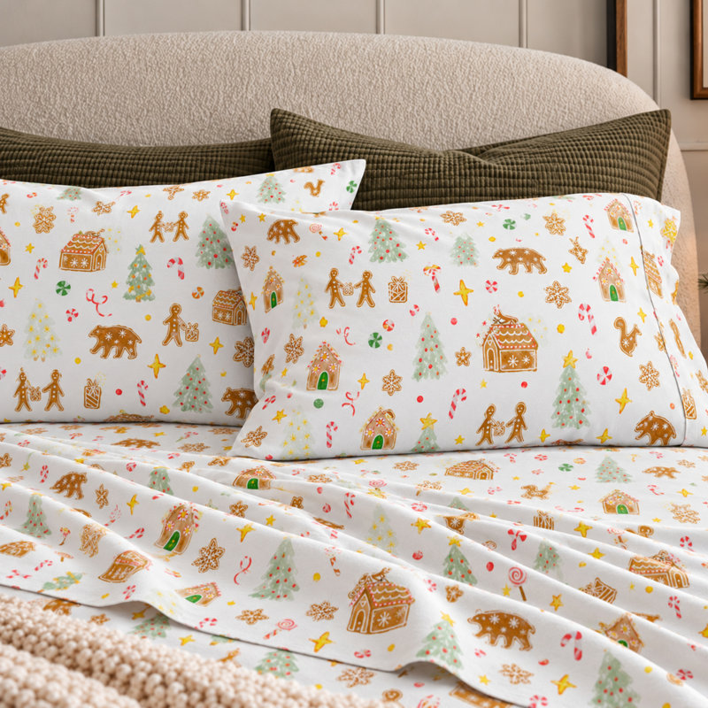 100% Turkish Cotton Flannel Christmas Sheet Sets, Queen Sheets with 2 Pillowcases, Gingerbread Lane