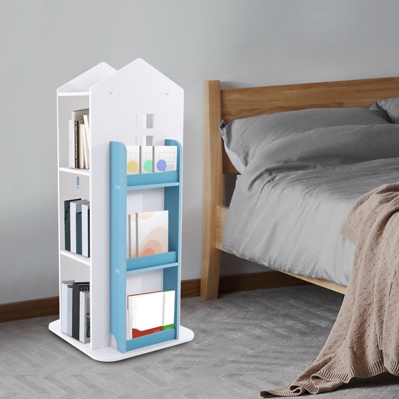 360° Rotating Bookshelf, 3 Tiers Corner Shelf, For Bedroom, Living Room, White/Blue