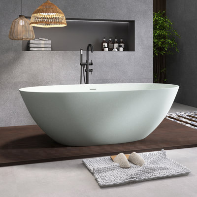 Baignoire de trempage autoportante moderne 71 po en résine de pierre avec trop-plein et bonde escamotable, vert turquoise