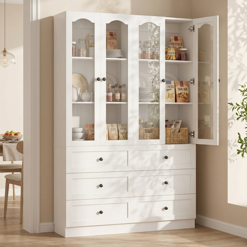 80"H x 47.2"W Bookcase with Wooden Drawers and Glass Door, White