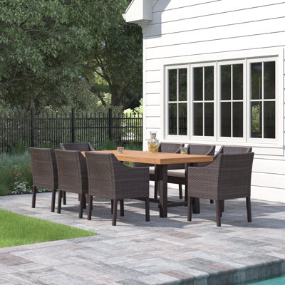 Alontae Outdoor Wood and Wicker 9 Piece Dining Set with Cushions