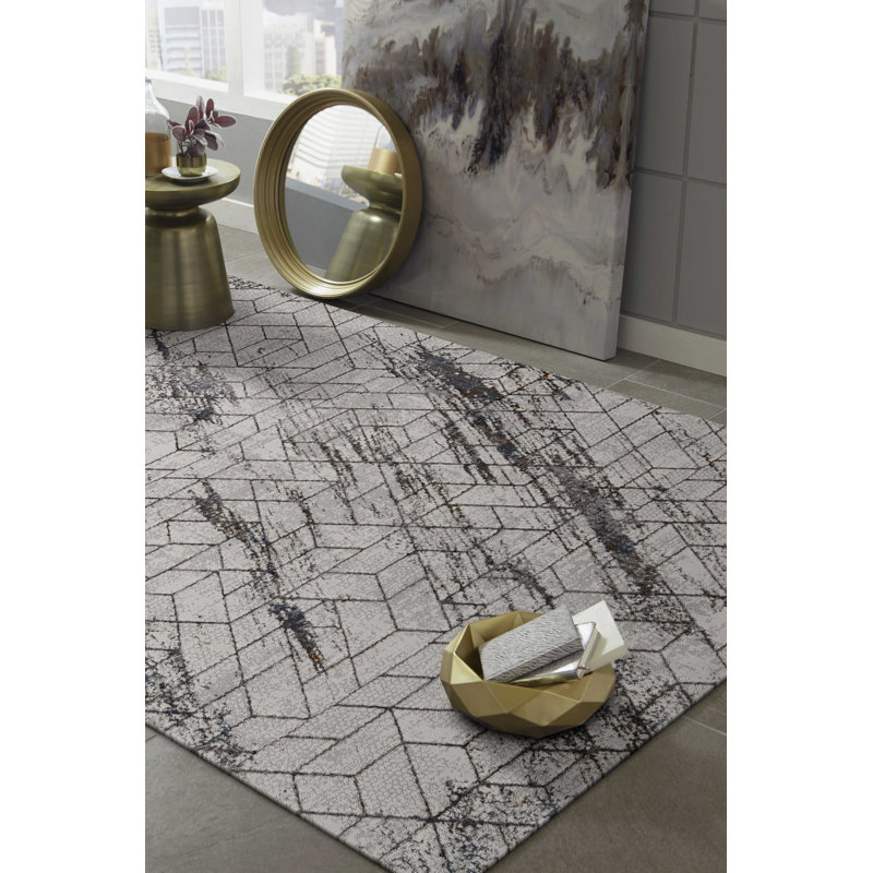 Tapis géométrique rectangulaire en polyester tissé à la machine 6 pi 7 po x 9 pi 6 po Dorante